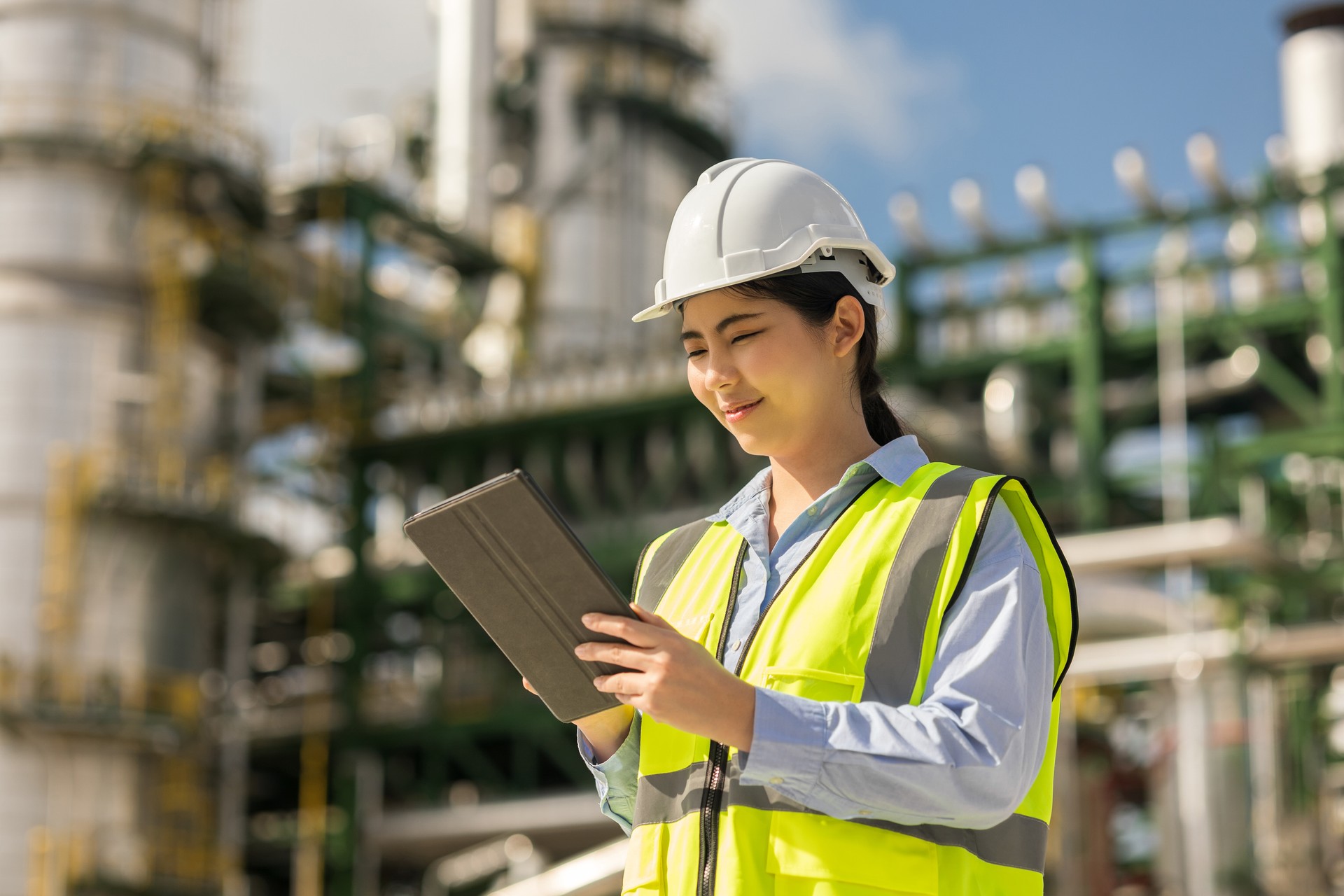 Asian engineer manager woman with white safety helmet standing front of oil refinery. Industry zone gas petrochemical. Factory oil storage tank and pipeline. Workers in the refinery construction.